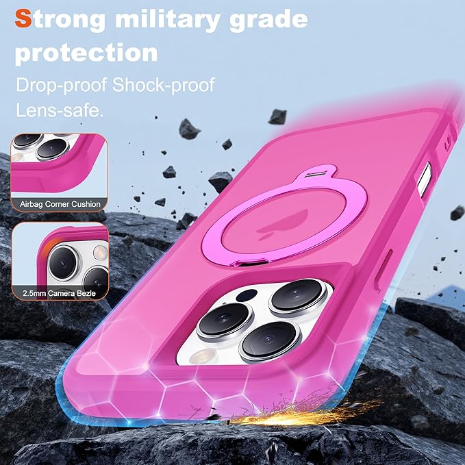 Compatible with iPhone 16 Pro Case with Invisible Magnetic 360°Spin Stand,Military-Grade Shockproof Protection [Compatible with Mag-Safe] Non-Slip Edge Translucent Case (6.3",Hot Pink)