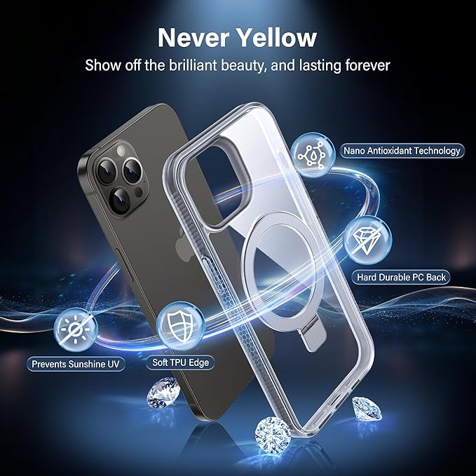 Magnetic Case for iPhone 13 Pro - [Built-in Invisible Stand] [Compatible with MagSafe] [Military Grade Drop Protection] Anti-Yellowing Hard Back Silicone Edge Cover, 6.1", Clear