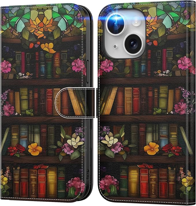 DEENAKIN for iPhone 15 Wallet Case with Card Holder + Cash Clip, RFID-Blocking, Military-Grade Drop Protection, Magnetic Closure with Leather Kickstand - Bookshelf Flowers