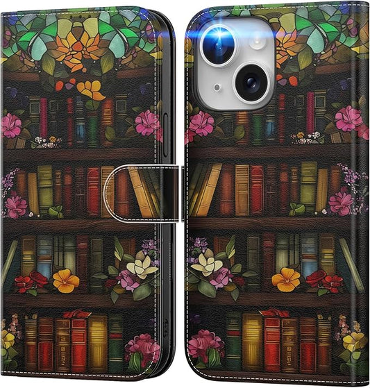 DEENAKIN for iPhone 15 Wallet Case with Card Holder + Cash Clip, RFID-Blocking, Military-Grade Drop Protection, Magnetic Closure with Leather Kickstand - Bookshelf Flowers