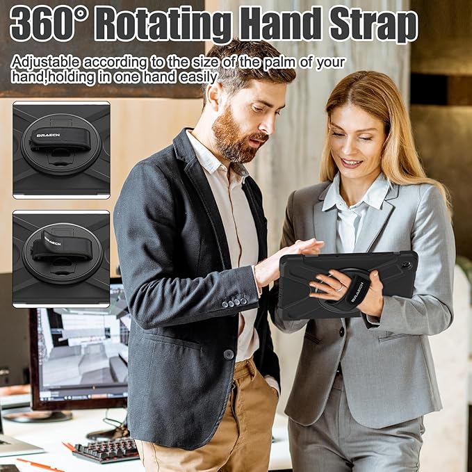 BRAECNstock for Samsung Galaxy Tab A9+ Plus Case 11 inch (SM-X210/X216/X218) Shockproof Protective Tab A9+ Plus Kids Case with Screen Protector Pen Holder Rotating Hand Strap+Stand, Black