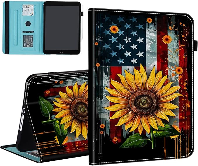 Case for Samsung Galaxy Tab S9 FE 5G 10.9 Inch/Galaxy Tab S9 11 Inch 2023,Card Slot PU Leather TPU Case Pen Holder Auto Wake Sleep,American Flag Sunflower