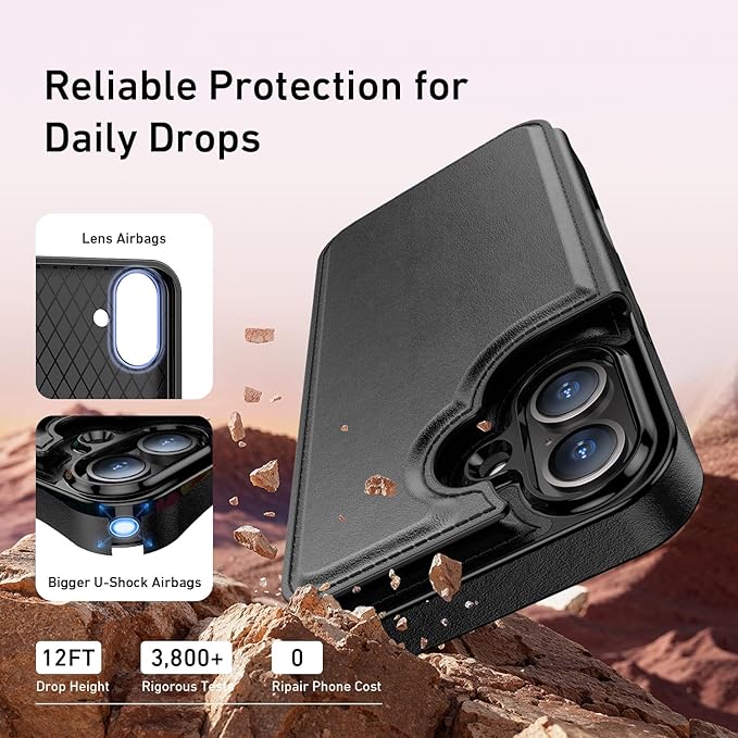 FUNMIKO for iPhone 16 Plus Wallet Case with Card Holder, RFID-Blocking, Military-Grade Protection & UV-Printed Artwork, Magnetic Closure with Leather Kickstand - Black