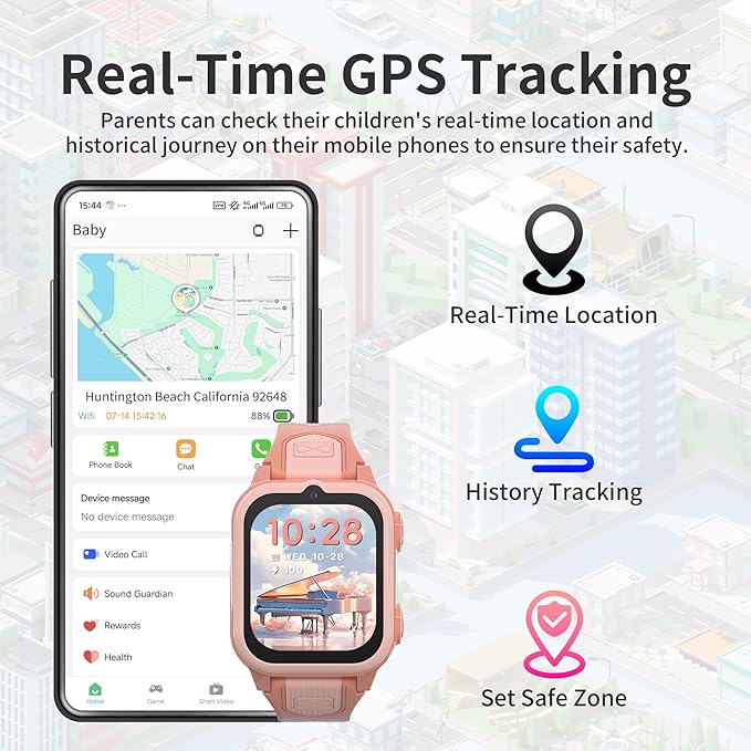 4G Kids Smart Watches Girls with GPS Tracker, Kids Cell Phone Watch with Video & Voice Calling Texting SOS Call Chat Camera Pedometer Alarm Calculator Games, Smart Watch for Girls Age 6-15(Pink)