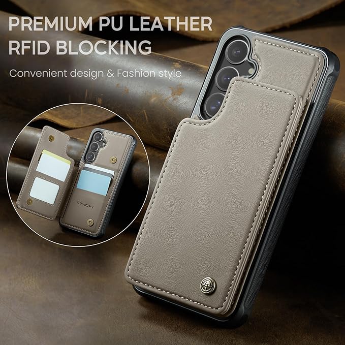 Vinich for Samsung Galaxy S25 Wallet Case with Card Holder, RFID Blocking Credit Slots Kickstand Shockproof Phone Cover for Women Men, Gray