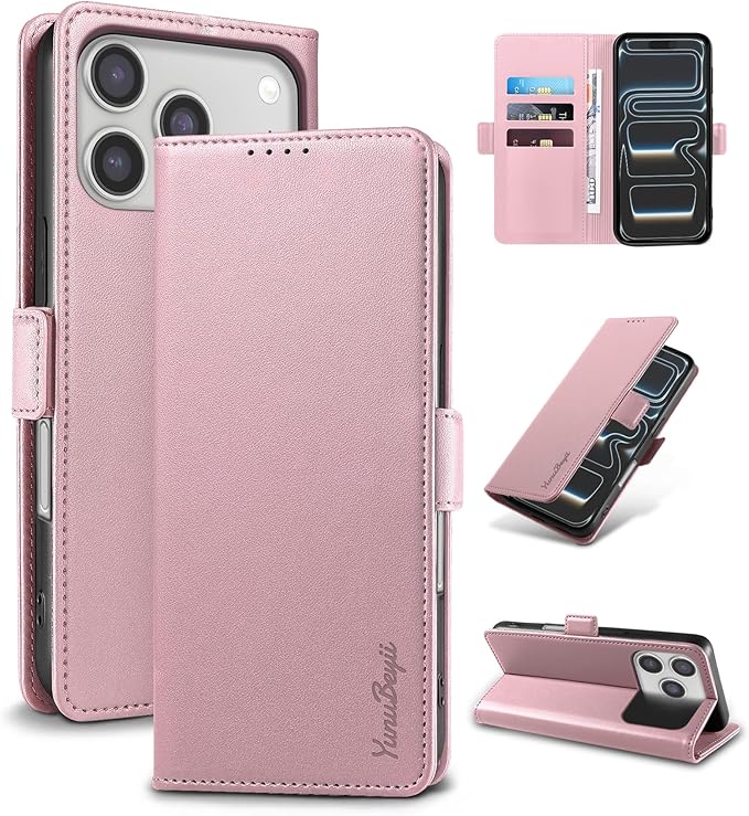 Wallet Flip Case for iPhone 17 Pro 5G - [RFID Blocking] Luxury PU Leather Card Holder Magnetic Phone Cover with Kickstand,Shockproof Protective Case,Pink