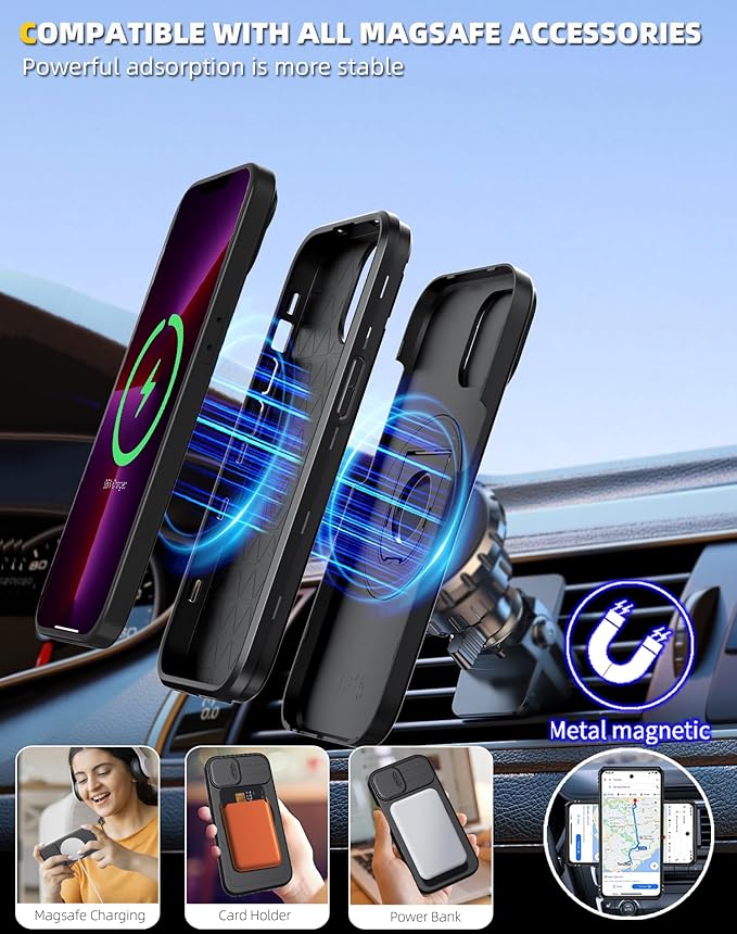 for iPhone 13 Pro Max Case Compatible with MagSafe Magnetic,with 2 Screen Protector,with Camera Cover&360°Kickstand Ring,Military Grade Drop Shockproof Heavy Duty Protection Phone Bumper Black