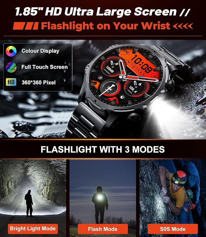Smart Watches for Men(Answer/Make Calls) with LED Flashlight, 1.85"HD Screen Outdoor Sports Smartwatch ,800mAh Battery,Heart Rate/SpO2/Sleep Monitor 5ATM Waterproof Fitness Tracker for Android iOS