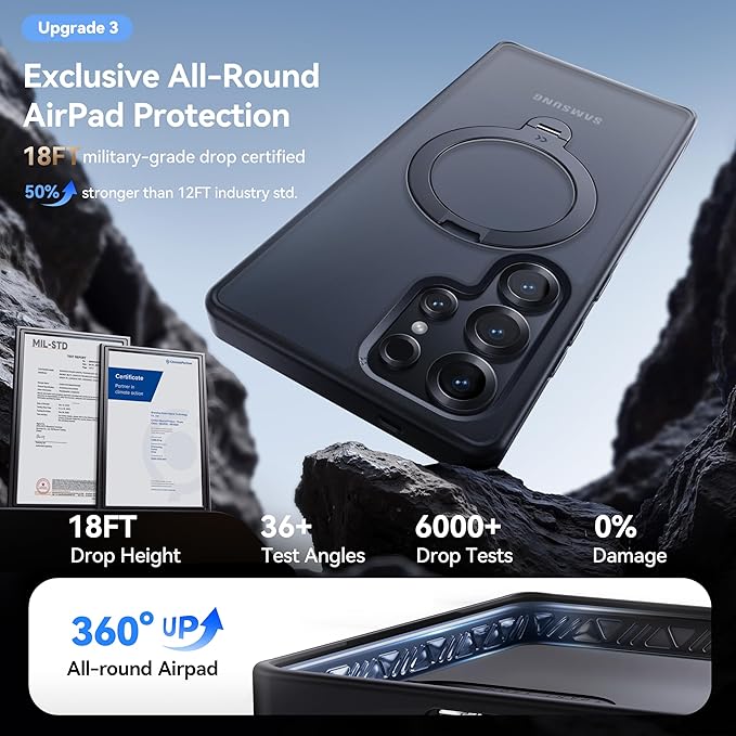 CASEKOO Patented 360° Spin Magnetic Stand for Samsung Galaxy S25 Ultra Case [18FT Military Drop Protection] [Compatible with MagSafe] Matte Translucent Slim S25 Ultra Case 6.9'' 2025, Black