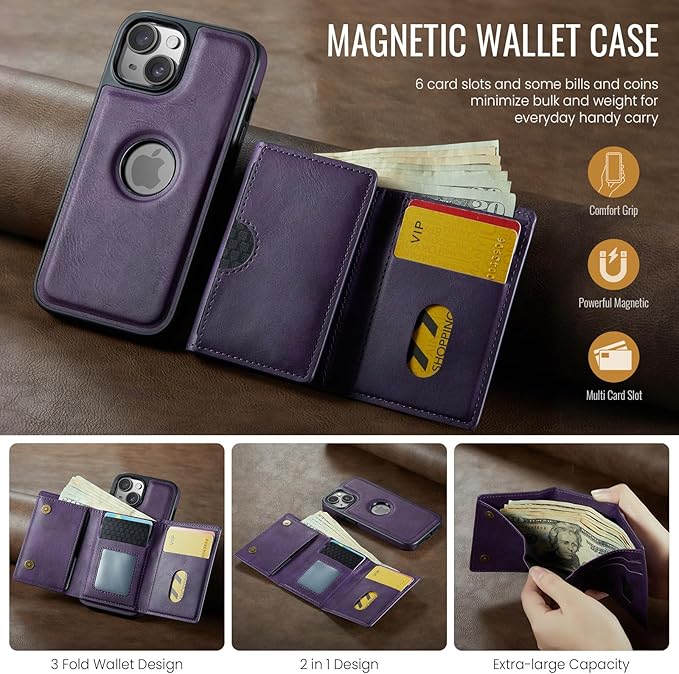 Asuwish Phone Case for iPhone 14 6.1 inch Wallet Magnetic Detachable Cell Cover with Wireless Charging and RFID Blocking Credit Card Holder Flip Stand iPhone14 5G i i-Phone i14 14Case Women Men Purple