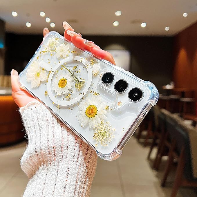 Compatible with Samsung Galaxy S25 Case,Compatible with MagSafe,Cute Pressed Dried Flowers Design Women Girly Shockproof Floral Clear Magnetic Case for Galaxy S25 (White)