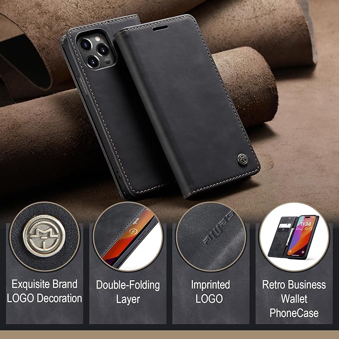 for iPhone 15 Pro Max Case, Flip Wallet Leather Case with Card Holder Magnetic Closure Shockproof Kickstand Protective Phone Cases Cover for iPhone 15 Pro Max, Black