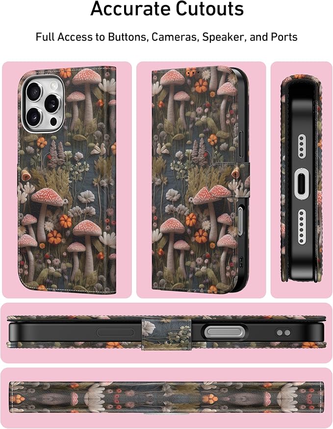 DEENAKIN for iPhone 16 Pro Max Wallet Case with Card Holder + Cash Clip, RFID-Blocking, Military-Grade Drop Protection, Magnetic Closure with Leather Kickstand - Mushroom Floral