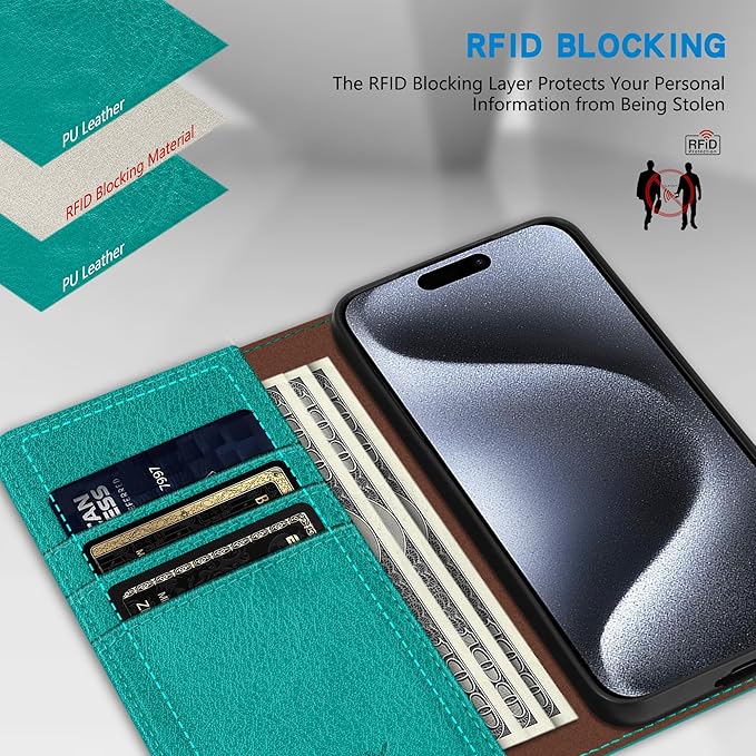 ZZXX for iPhone 15 Pro Wallet Case with [RFID Blocking] Card Slot Stand Strong Magnetic Leather Flip Fold Protective Phone Case for iPhone 15 Pro Case Wallet(Lake Blue-6.1 inch)