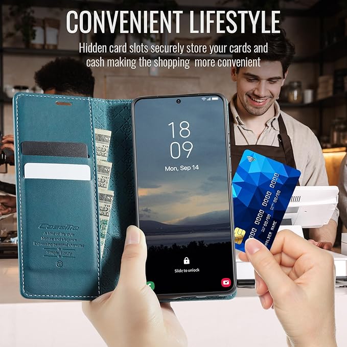 Wallet Case for Samsung Galaxy S21 Ultra Leather Wallet Flip Cover with Card Holder, Kickstand, Magnetic Closure, RFID Blocking TPU Shockproof Phone Case Compatible with S21 Ultra,Blue-Green