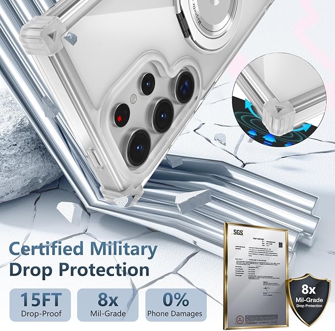 for Samsung Galaxy S23 Ultra Case Compatible with Magnetic Wireless Charging with Screen Protector,for S23 Ultra Phone Case with Kickstand Ring Military Grade Drop Protection Shockproof Clear