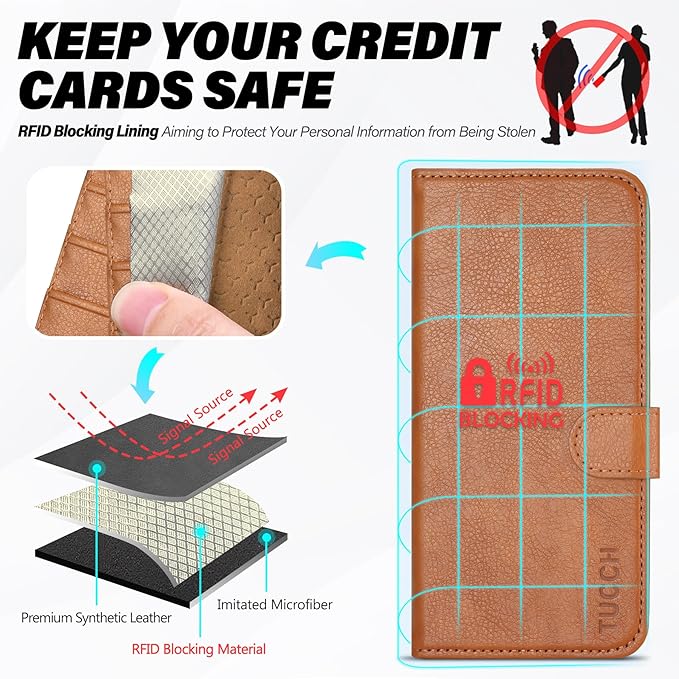 TUCCH Wallet Case for Galaxy S25 5G with [TPU Shockproof Interior Case] [RFID Blocking] Folio Stand Card Slot, Magnetic PU Leather Protect Folio Cover Compatible with Galaxy S25 6.2" 2025, Light Brown