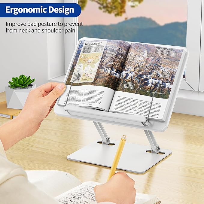 BESIGN BS01 Book Stand for Reading, Adjustable Book Holder, Ergonomic Laptop Stand with Elastic Page Clips for Music Scores, Recipe, Tablet, Laptop (White)
