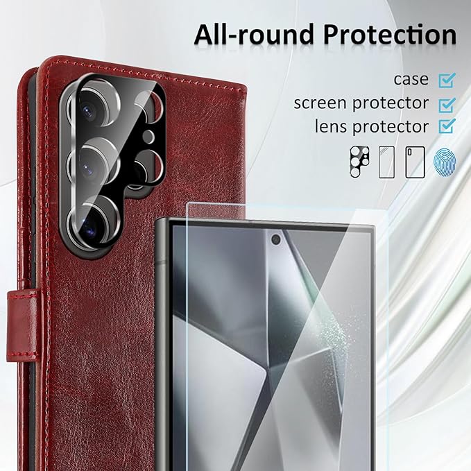 MONASAY Wallet Case Fit for Samsung Galaxy S24 Ultra 5G，[Lens & Glass Screen Protector] [RFID Blocking] Flip Folio Leather Cell Phone Cover with Credit Card Holder, 6.8 inch, Burgundy