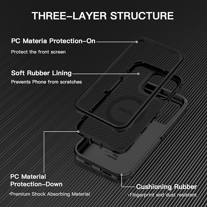 for iPhone 14 Pro Case [Compatible with MagSafe] Shockproof 3-Layer Full Body Protection Rugged Heavy Duty Cover Case for Apple iPhone 14 Pro 6.1",Black