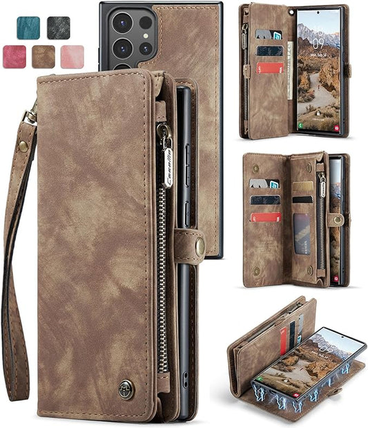 SZHAIYU 2 in 1 Detachable for Samsung Galaxy S25 Ultra Wallet Case with Card Holder, Retro Premium Flip Leather Cover Magnetic Zipper Pocket Phone Cases 6.8'' (Coffee, S25 Ultra)