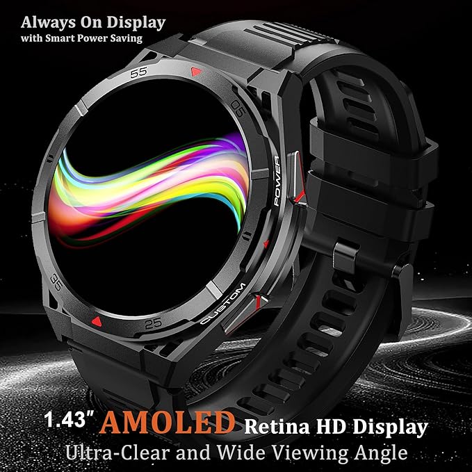 Military GPS Smart Watch: 1.43” AMOLED Always On Display, Built-In GPS, Compass, Altimeter, Barometer, Fitness/Path Tracker, BT Call, 150+ Sports, IP69K, Voice Assist, Long Battery Life, Android/iOS