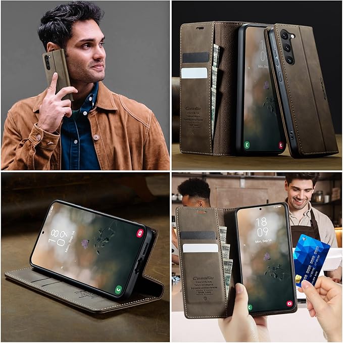 Wallet Case for Samsung Galaxy S23 5G Leather Wallet Flip Cover with Card Holder, Kickstand, Magnetic Closure, RFID Blocking TPU Shockproof Phone Case Compatible with Galaxy S23, Coffee