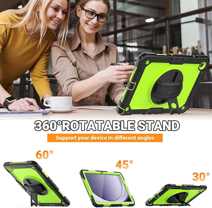 SEYMAC Case for Samsung Galaxy Tab A9+/ A9 Plus Case 11" (SM-X210/X216/X218), Heavy Duty Shockproof Protective Case with Screen Protector, Rotating Stand, Hand/Shoulder Strap, Green
