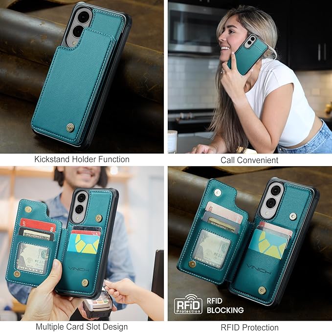 Vinich for Samsung Galaxy S25 Edge Wallet Case with Card Holder, RFID Blocking Credit Slots Kickstand Shockproof Phone Cover for Women Men, Bluish Green