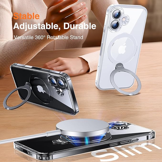 360° O-Ring MagStander for iPhone 16 Case with Magnetic Kickstand Ring Holder [Compatible with MagSafe][360°Rotate Stand Ring][Military Shockproof] iPhone 16 Phone Cover Clear