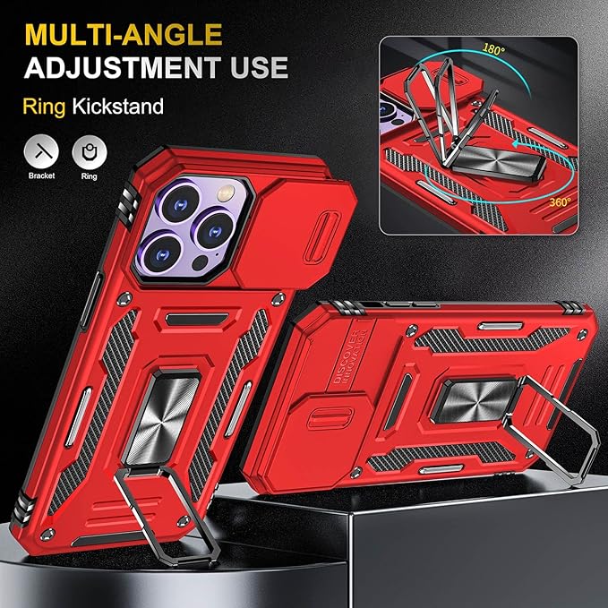 Case for iPhone 14 Pro Phone Case iPhone 14 Pro Case with Slide Camera Cover, with Finger Ring Holder Stand, fit Magnetic Car Mount, for iPhone 14 Pro (Red)