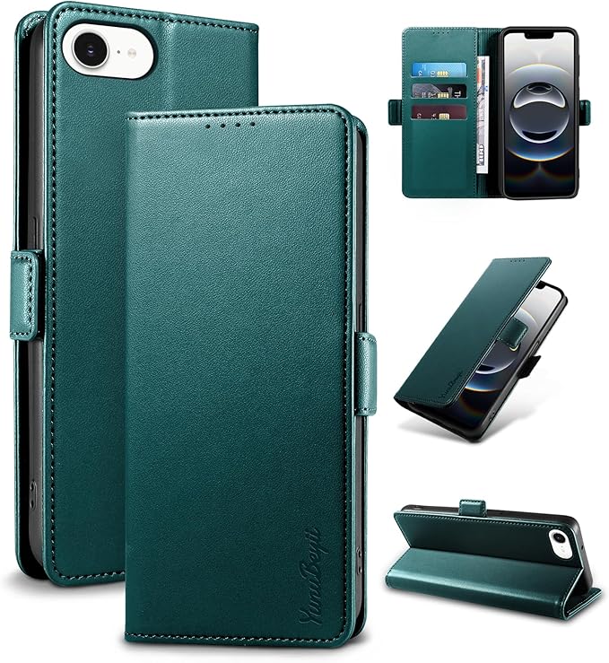Wallet Flip Case for iPhone 16E 5G - [RFID Blocking] Luxury PU Leather Card Holder Magnetic Phone Cover with Kickstand,Shockproof Protective Case,Green