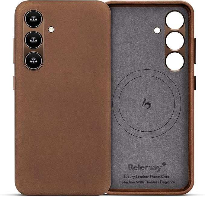 Belemay Leather Case for Samsung Galaxy S24 Compatible with Magsafe - Premium Crazy Horse Leather [Vintage Aesthetics] Unique Patina, Comfort Grip, Metal Buttons, Slim&Soft Cover (6.2") Retro Brown