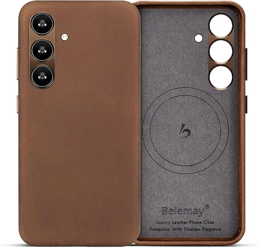 Belemay Leather Case for Samsung Galaxy S24 Compatible with Magsafe - Premium Crazy Horse Leather [Vintage Aesthetics] Unique Patina, Comfort Grip, Metal Buttons, Slim&Soft Cover (6.2") Retro Brown