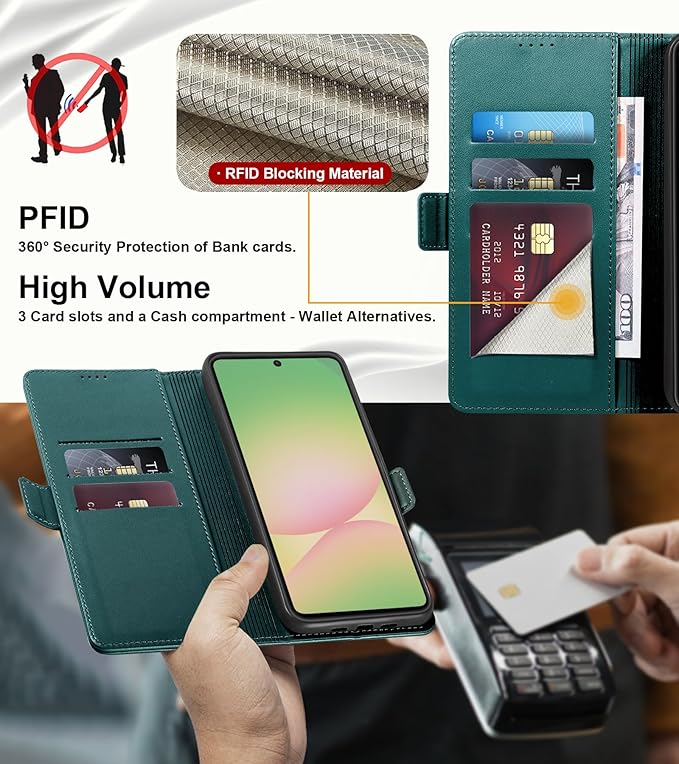 Wallet Flip Case for Samsung Galaxy A56 5G - [RFID Blocking] Luxury PU Leather Card Holder Magnetic Phone Cover with Kickstand,Shockproof Protective Case,Green