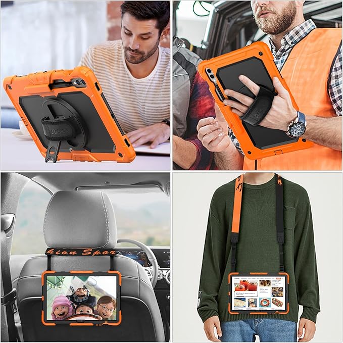 SEYMAC stock Case for Samsung Galaxy Tab S10 Plus/ S9 FE Plus/ S9 Plus 5G Tablet 12.4'' Case with Screen Protector Pencil Holder [360 Rotating Hand Strap] &Stand, Drop-Proof, Orange1