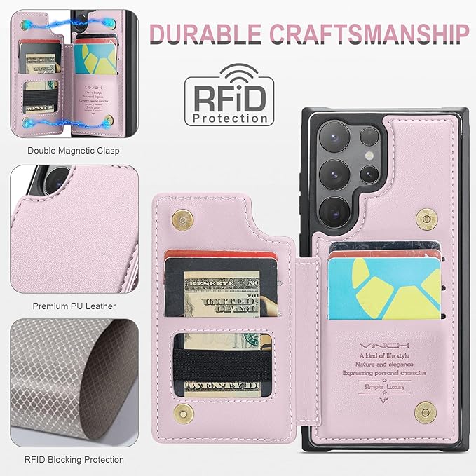 Vinich for Samsung Galaxy S25 Ultra Wallet Case with Card Holder, RFID Blocking Credit Slots Kickstand Shockproof Phone Cover for Women Men, Pink