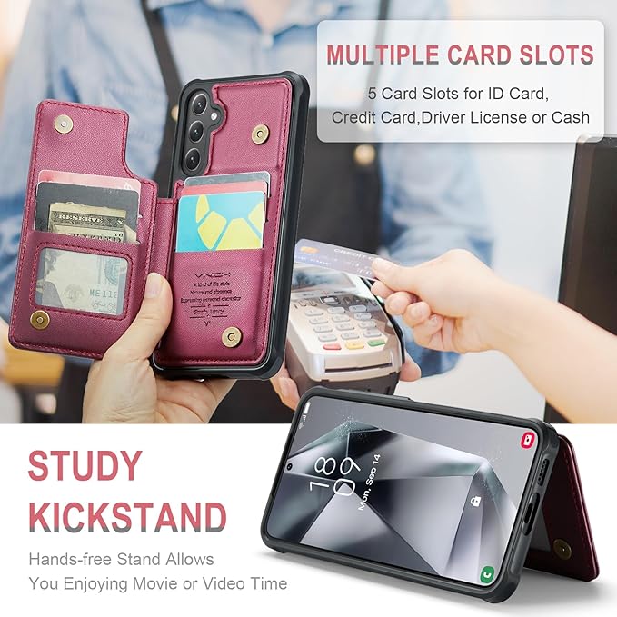 Vinich for Samsung Galaxy S24 Plus Wallet Case with Card Holder, RFID Blocking Credit Slots Kickstand Shockproof Phone Cover for Women Men, Wine Red