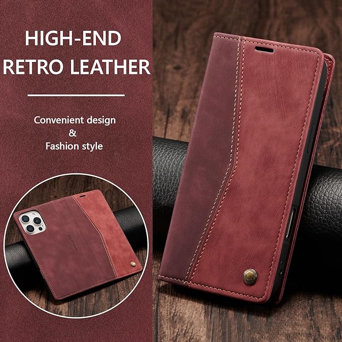 QLTYPRI for iPhone 16 Pro Case Wallet with Card Holder, Vintage PU Leather Kickstand Magnetic Closure Shockproof Folio Book Cover Case for iPhone 16 Pro - Retro Wine Red