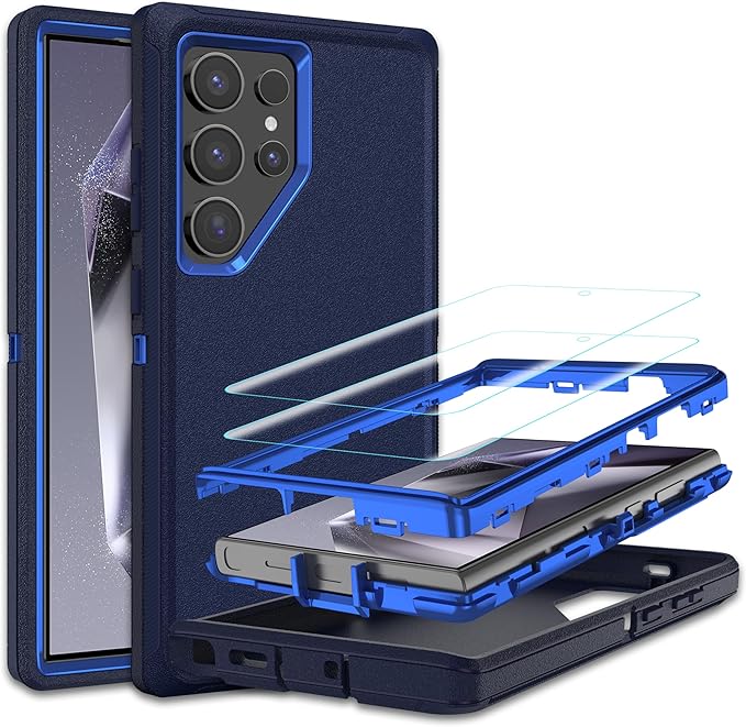 for Samsung Galaxy S24 Ultra Case with [2 Pack] HD Screen Protector, [Military-Grade] Shockproof Dust/Drop Proof 3-Layer Full Body Protection Heavy Duty Case for S24 Ultra, Navy