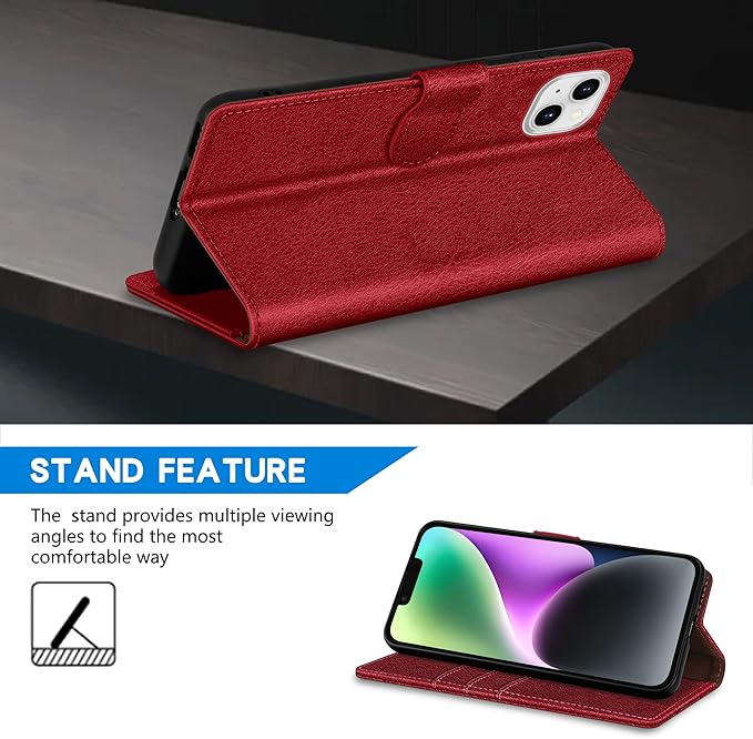 ZZXX for iPhone 14 Wallet Case with [RFID Blocking] Card Slot Kickstand Magnetic Closure Leather Flip Fold Protective Phone Case for iPhone 14 Case Wallet(Red-6.1 inch)