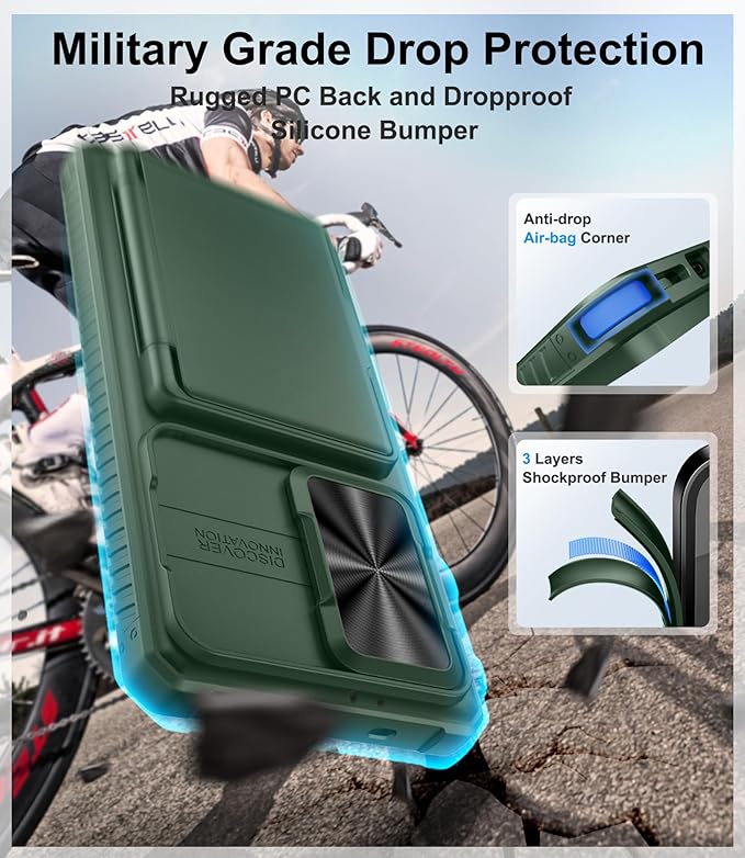 Multifuncional Case for Samsung Galaxy S25 Ultra, Card Holder (4-5 Cards), RFID Block, Slide Lens Cover & Military Grade Protection, Heavy Duty Men Women Wallet Case for Samsung S25 Ultra, Green