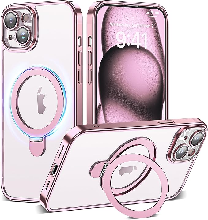 Compatible with Clear iPhone 16 Case with Magnetic Stand [Compatible with Mag-Safe][Full Camera Len Protectors] Shockproof Plating Phone Case for iPhone 16 6.1’’,Rose Gold