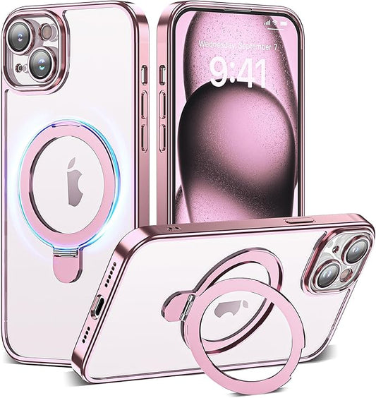 Compatible with Clear iPhone 17 Case with Magnetic Stand [Compatible with Mag-Safe][Full Camera Len Protectors] Shockproof Plating Phone Case for iPhone 17 6.3’’,Rose Gold