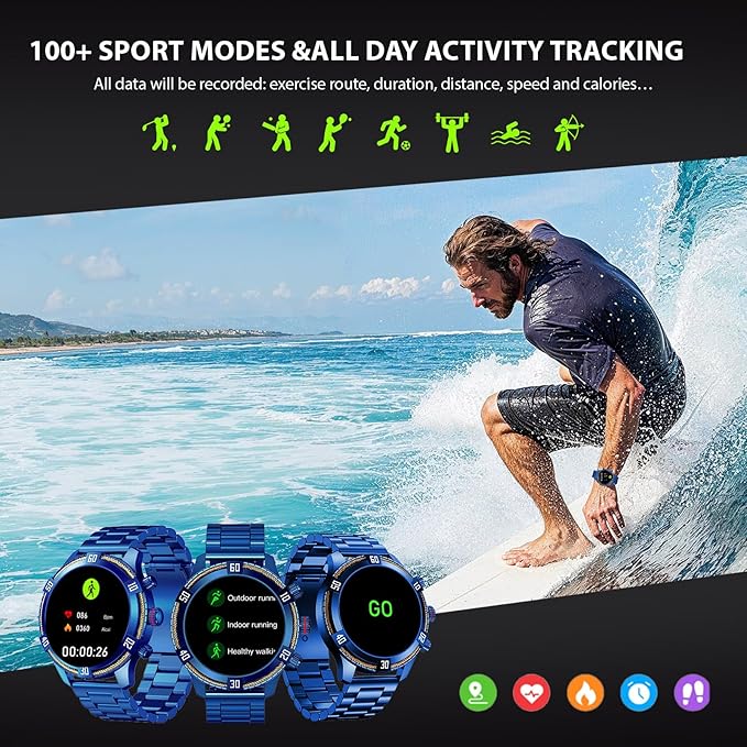 Smart Watch for Men Bluetooth Answer/Make Call, 1.43" AMOLED Display Luxury Smartwatch, Fitness Tracker with 100+ Sport Modes, Heart Rate/Sleep Monitor for iOS Android, 2 Watch Bands (Blue)