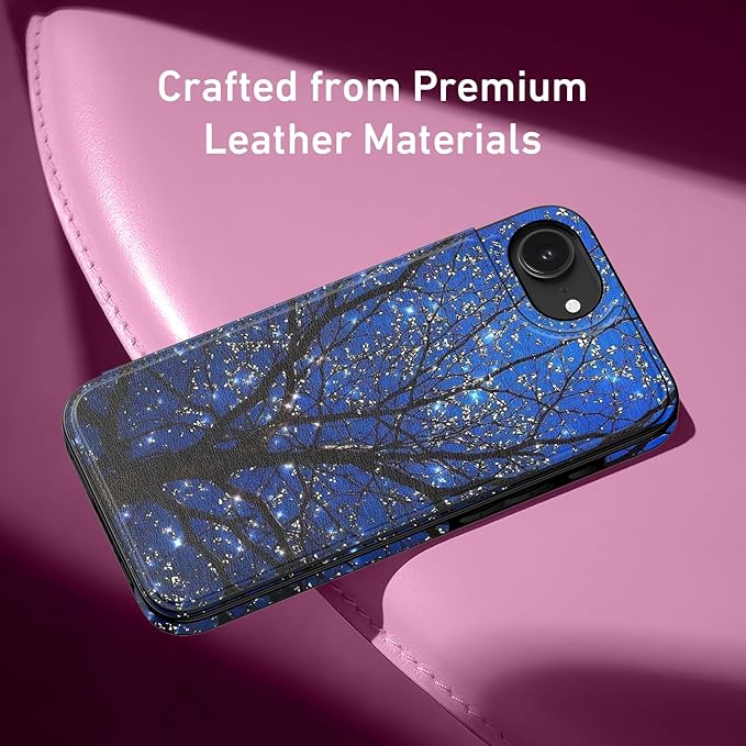 FUNMIKO for iPhone 16e Wallet Case with Card Holder, RFID-Blocking, Military-Grade Protection & UV-Printed Artwork, Magnetic Closure with Leather Kickstand - Dreamy Wishing Tree