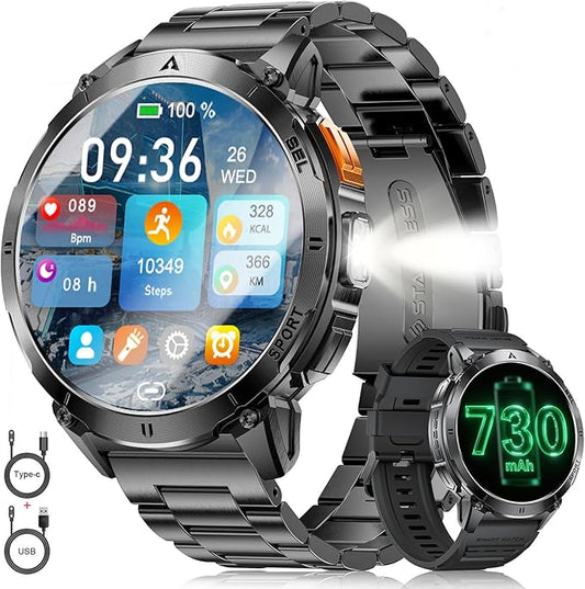 Smart Watches for Men Answer/Make Call, 1.62" AMOLED/730mAh Battery/LED Flashlight Military Smartwatch, 110+ Sports Modes IP68 Waterproof Fitness Tracker for Android iOS Black