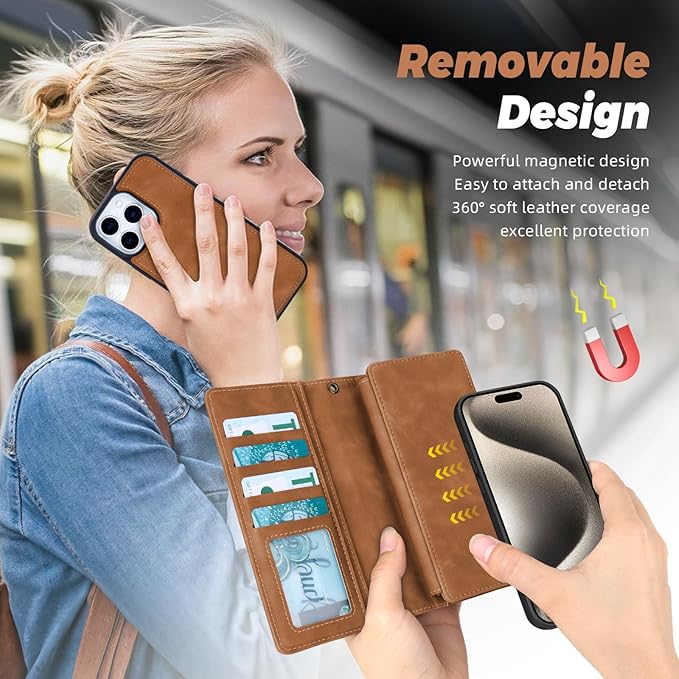 TwoHead Wallet Case Compatible with iPhone 15 Pro Max,Detachable Magnetic Phone Case,All-Round Shockproof Protective Leather Phone Case with Card Holder,6.7 in,Brown