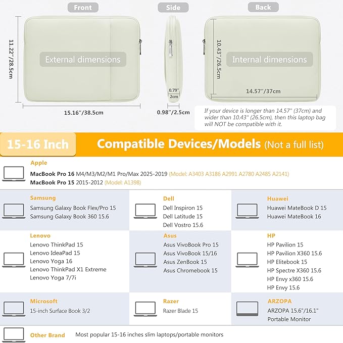 HYZUO 15-16 Inch Laptop Sleeve Bag Set for MacBook Pro 16 M4/M3/M2/M1 Pro/Max, 15" Surface Book, Notebook Case for 15" 15.6" HP Dell Lenovo ThinkBook Asus Acer Samsung Huawei, Beige