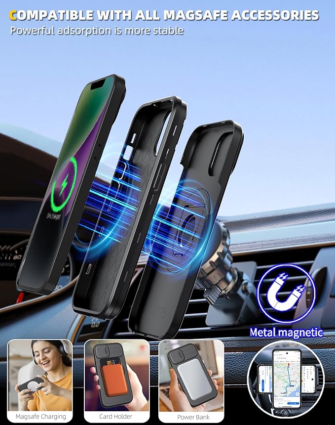 for iPhone 13 Case/for iPhone 14 Case Compatible with MagSafe Magnetic,with 2 Screen Protectors,with Camera Cover+Stand Ring,Military Grade Shockproof Heavy Duty Protection Phone Bumper Black